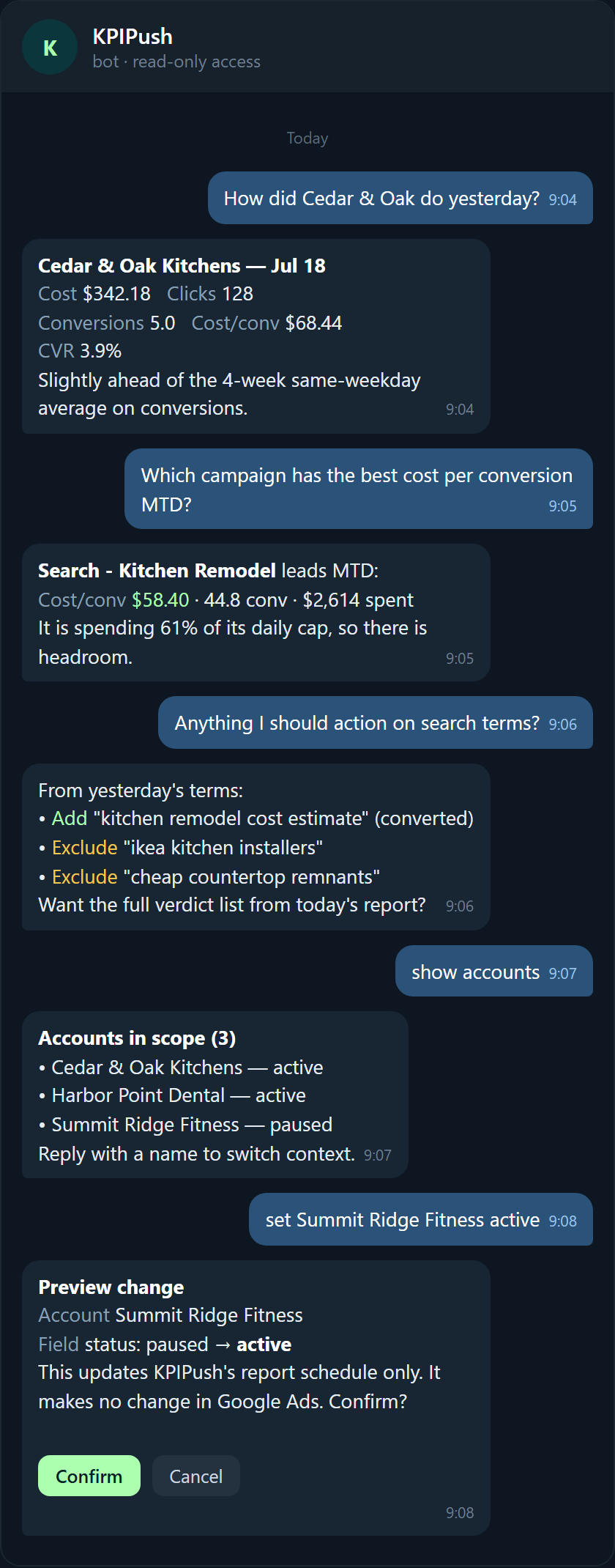 A Telegram conversation with the KPIPush bot answering questions about a Google Ads account